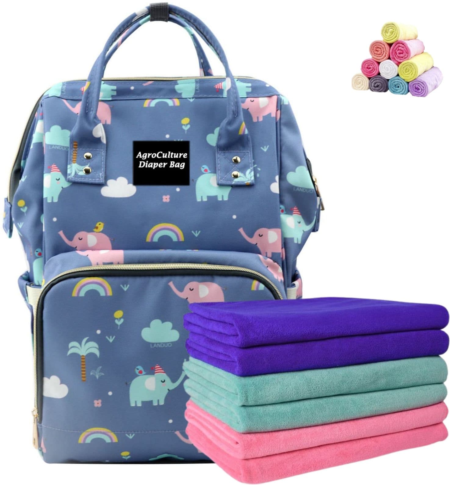 Blue Elephant Print Diaper Backpack & Towel Combo